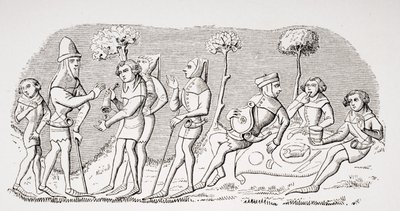 Hunting meal, reproduction of a miniature in the 14th century manuscript 